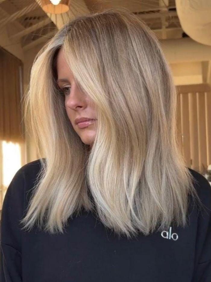 Aschblond Balayage Echthaar Perücke Natürliche Mittelscheitel für Damen EH068