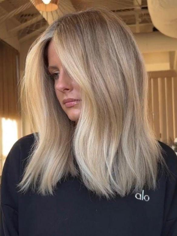 Aschblond Balayage Echthaar Perücke Natürliche Mittelscheitel für Damen EH068