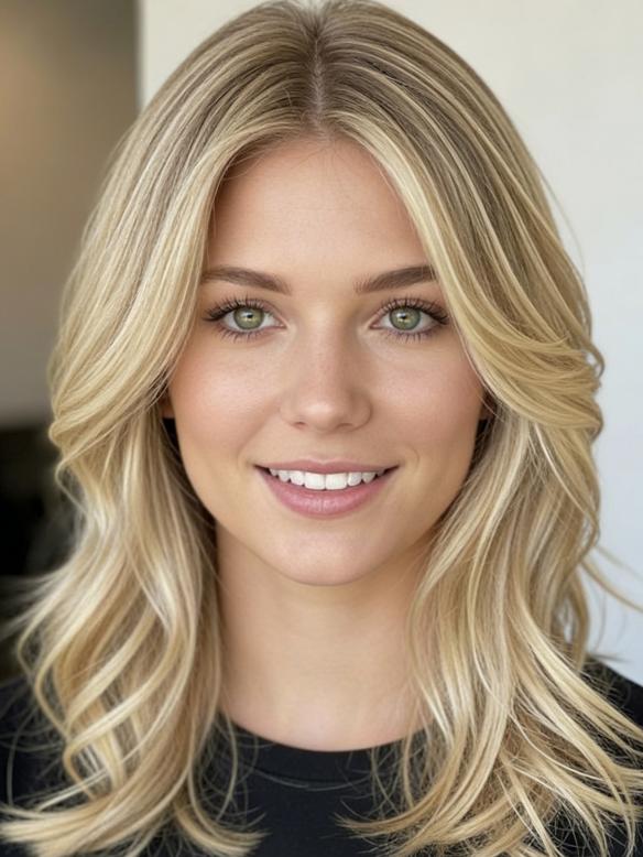 Premium 100% Remy Echthaar Perücke Damen Honey Blonde Balayage Schulterlang Gewellt EH050