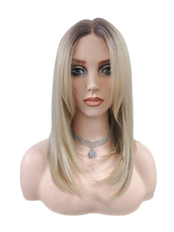 Blonde Kunsthaar Perücke mit dunklem Ansatz – Glatte synthetische Perücke (Lace Front) DLP066