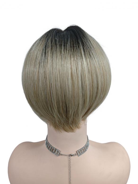 Coole Bob-Synthetische Perücke mit braunen Wurzeln und Ombre-Übergang zu hellem Blond. (MONO TOP) DMT004