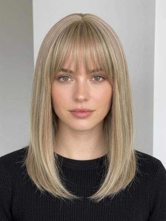 Mittellange elegante synthetische Perücke in aschblond mit Pony (Lace Part) DLP031