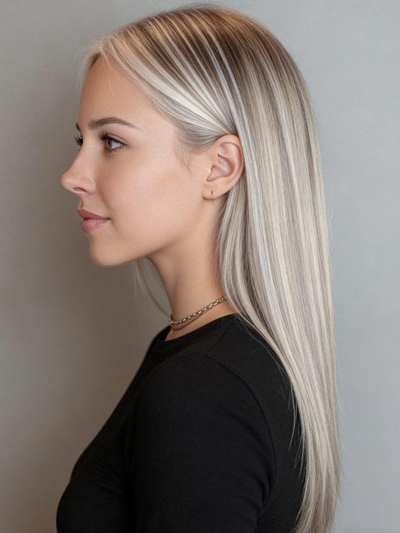 Glatte Echthaar Perücke in Blond mit dunkelem Haaransatz EH034