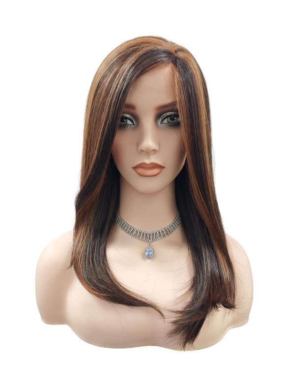 Lange glatte Kunsthaarperücke – Warmbraun mit auffälligen goldblonden Strähnen (Lace Front) DLP022
