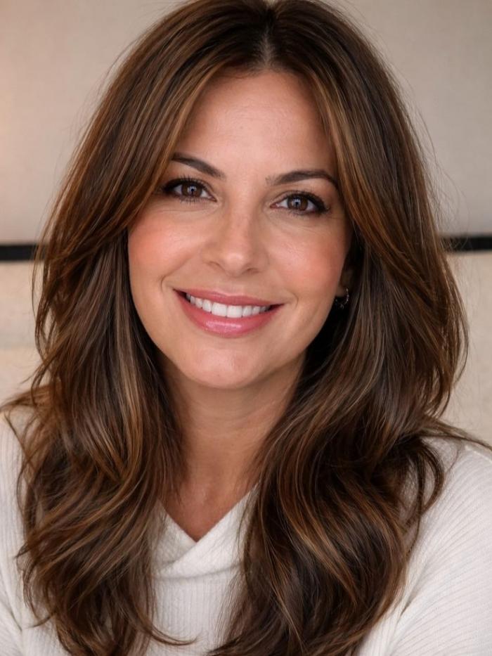 Warmbraune Wellige Echthaar Perücke mit subtilen Highlights – Natürliche Optik EH045