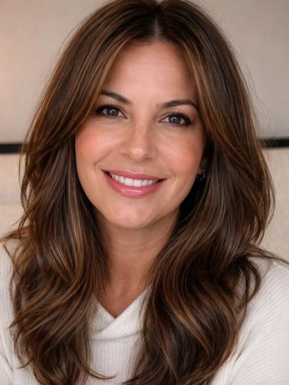 Warmbraune Wellige Echthaar Perücke mit subtilen Highlights – Natürliche Optik EH045