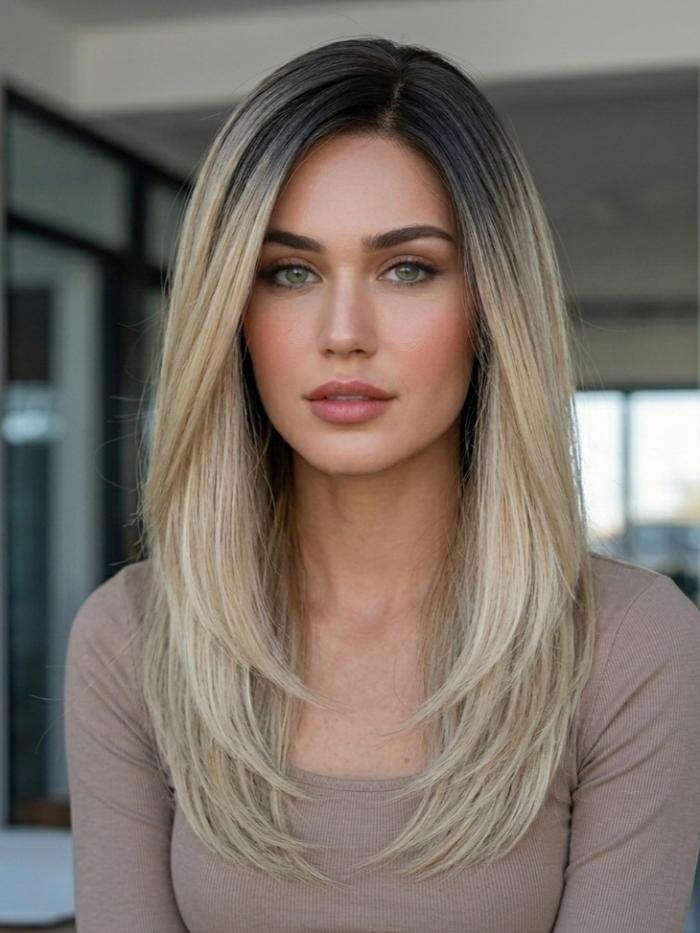 Kunsthaarperücke – Hellblond mit schwarzem Ansatz und dunkelblonden Highlights (Lace Front) DLP008