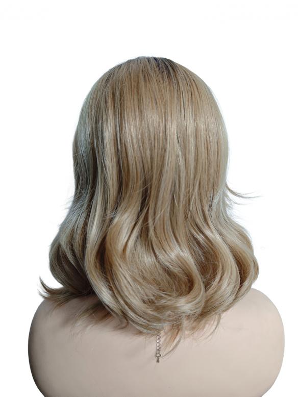 Leicht gewellte Kunsthaarperücke links gescheitelt blond hellorange gemischt (Lace Part) DLP058