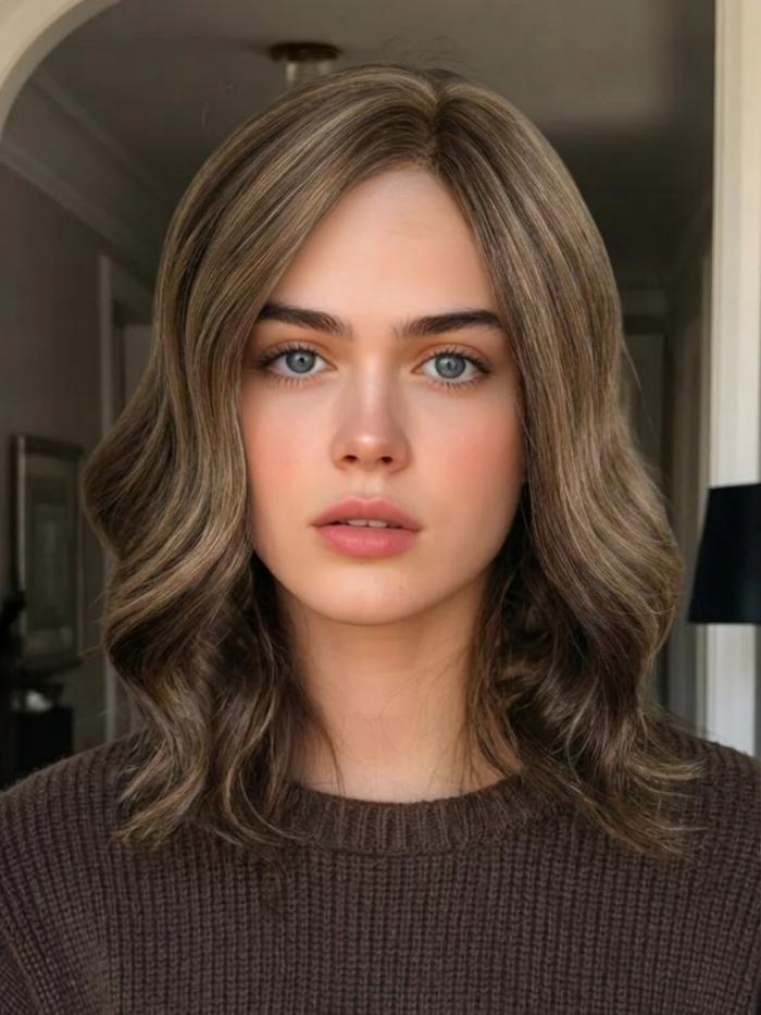 Hellbraune gewellte Kunsthaarperücke – mit Highlights (Lace Front) DLP038