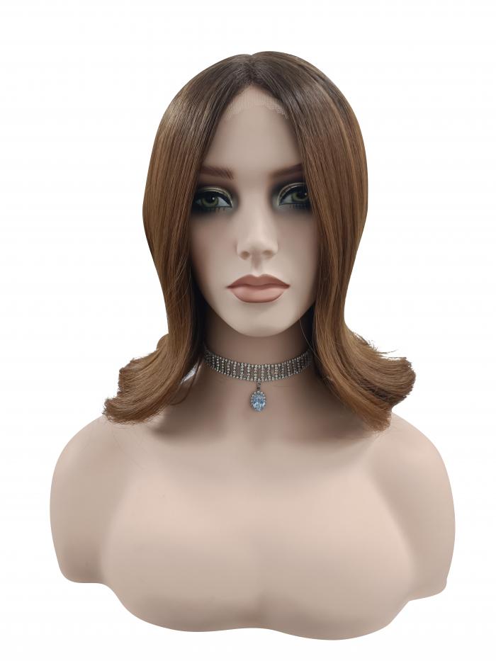 Modische ingwerblonde mit dunklem Ansatz schulterlang sanfte Wellen Synthetische Perücke (Lace Part) DLP019