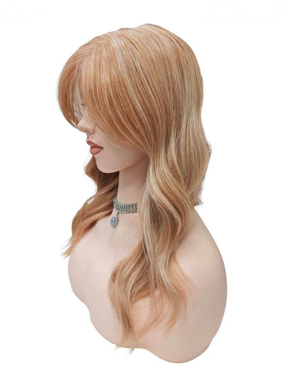 Wellige Kunsthaarperücke in Kupferblond mit Seitenscheitel und schrägem Pony (Pre-Cut Lace) DLP074