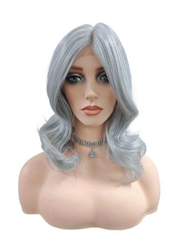 Gewellte synthetische Perücke in Grau-Weißblond (Lace Part) DLP046