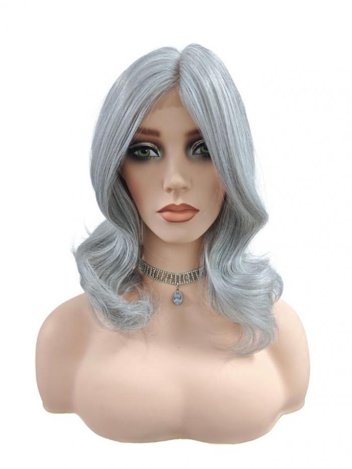 Gewellte synthetische Perücke in Grau-Weißblond (Lace Part) DLP046
