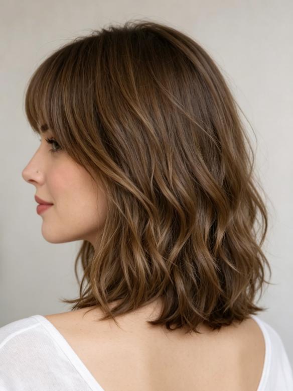 Natürlich Braun Wellige Bob Perücke aus 100% Echthaar mit Pony EH056