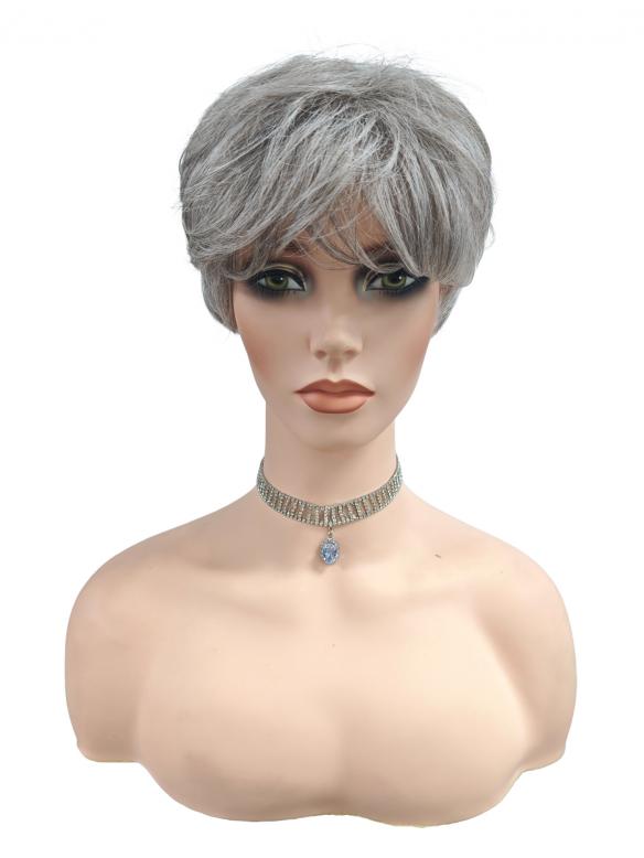 Kurz geschnittene synthetische Perücke mit gemischten Farben in Silberweiß und Pearl Platinum Blond (Basis Kappe) DBK010