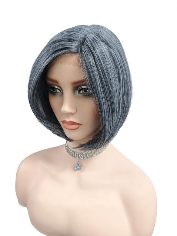 Bob-Schnitt synthetische Perücke in Schwarz-WeißGrau (Lace Part) DLP048