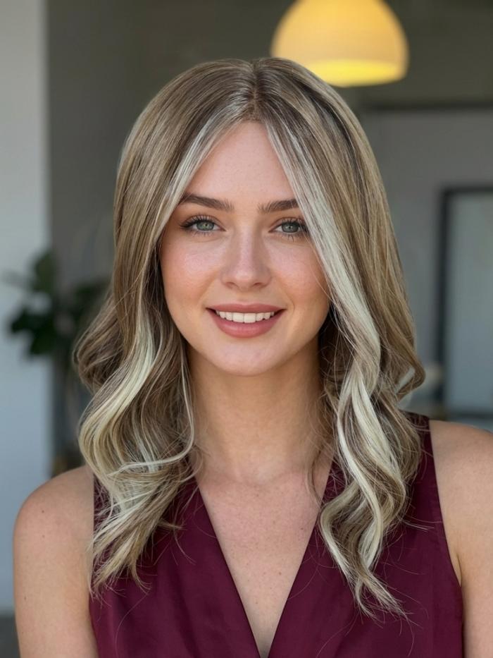 Gewellte Kunsthaarperücke – Hellbraun mit Blond-Highlights (Lace Front) DLP042