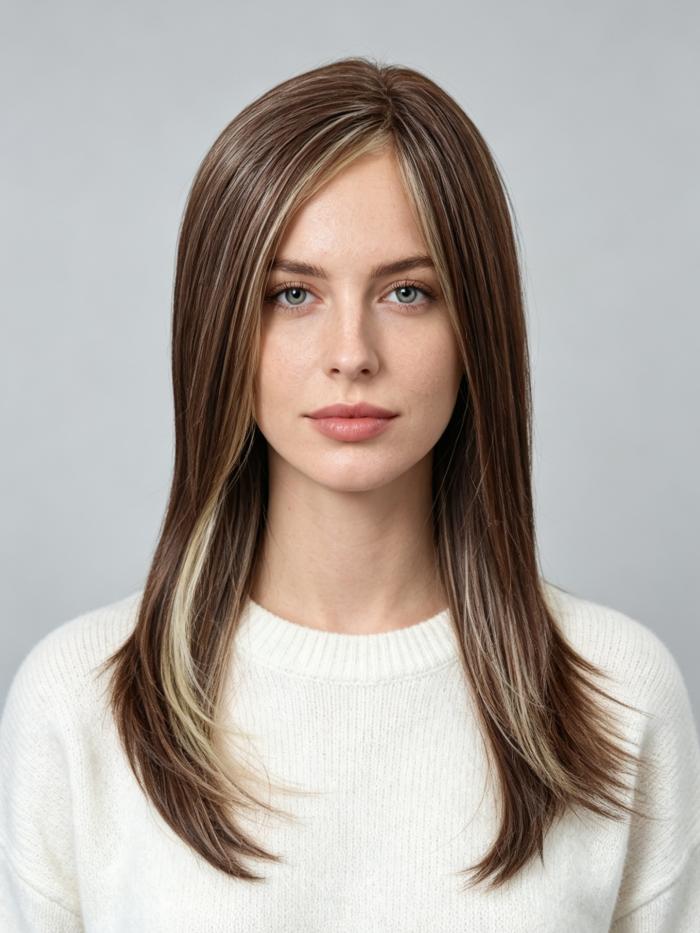 Kunsthaar-Perücke – Glattes Haar in Kastanienbraun mit Ingwerblond (Lace Front) DLP009