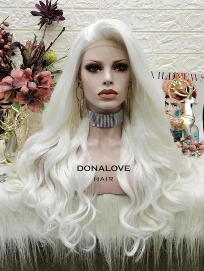 Weiß Lange Wellige Synthetische Lace Front Perücke SNY303