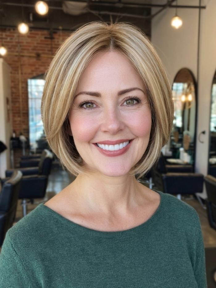 Kunsthaarperücke mit Mittelbrauner Basis und Kräftigen Hellblonden Strähnen (Standard Kappe) DBK011