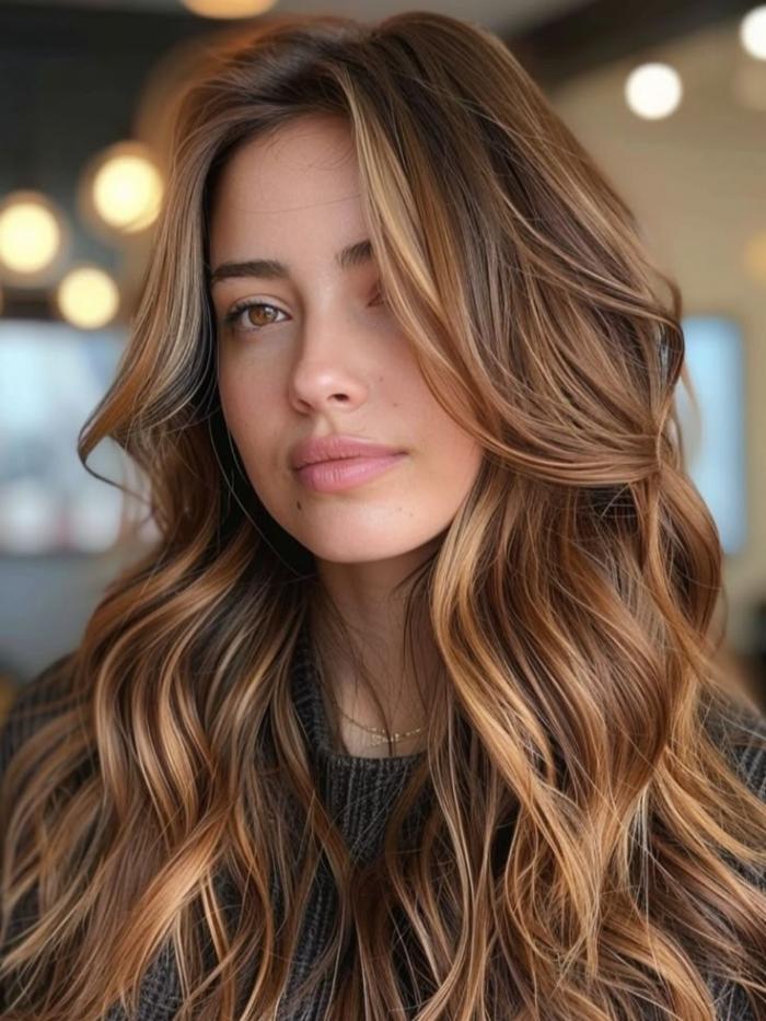 Gewellete Echthaarperücke Braun mit blonden Highlights EH003