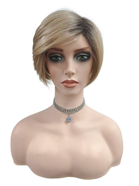 Kurze synthetische Perücke mit Ombre in Schwarz und Dunkelsandblond (Basis Kappe) DBK018