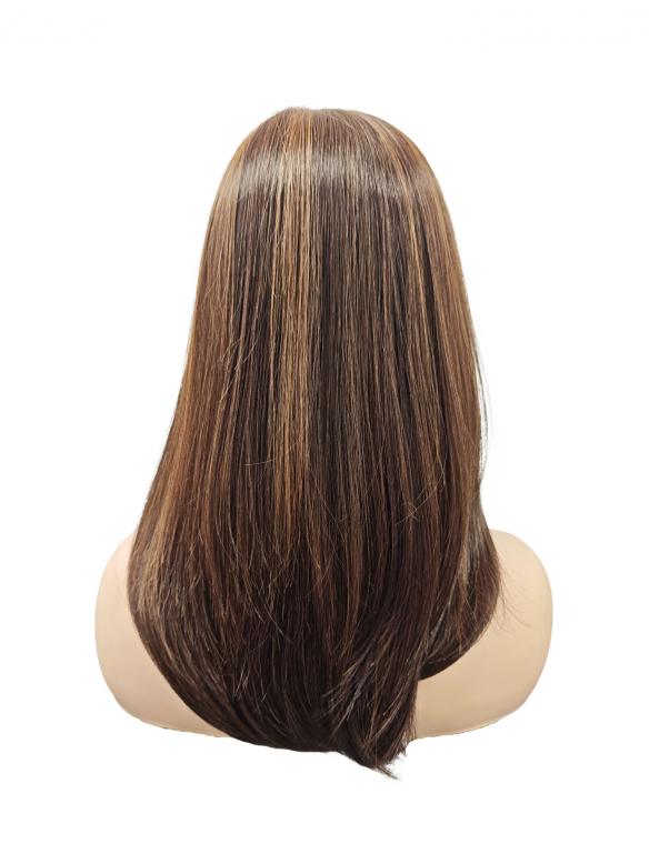 Lange glatte Kunsthaarperücke – Warmbraun mit auffälligen goldblonden Strähnen (Lace Front) DLP022