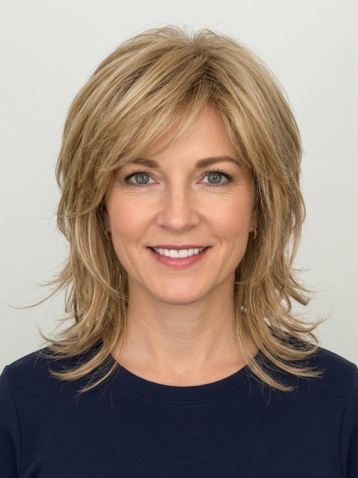 Hellblonde Auburn Kunsthaarperücke mit Pony – Mehrschichtige Dünne Locken & Stylisches Design (Standard Kappe) DBK021