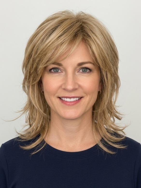 Hellblonde Auburn Kunsthaarperücke mit Pony – Mehrschichtige Dünne Locken & Stylisches Design (Standard Kappe) DBK021