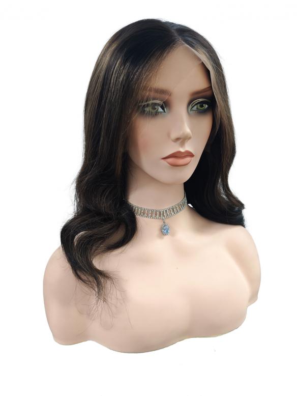 Gewellte Echthaar Perücke in Denkelbraun mit Highlights EH022