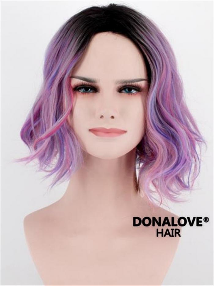 Neue Schwarz nach Lila-Ombre-Rosa Wellige Bob Sythetische Gewebte Netzkappe Perücke WW005