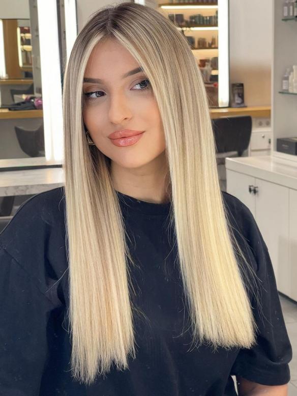 Glatte Echthaar-Perücke in Blond-Ombre EH048