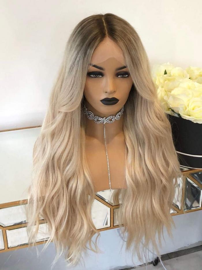 Blond Ombre Lang Wellig Echthaar Perücke HH168