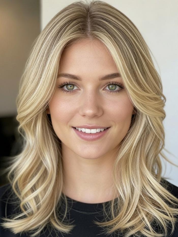 Premium 100% Remy Echthaar Perücke Damen Honey Blonde Balayage Schulterlang Gewellt EH050