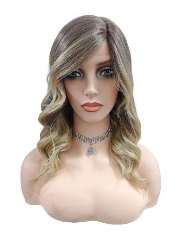 Elegante Ombre-Perücke in Aschbraun zu Blond mit weichen Wellen (Lace Part) DLP043