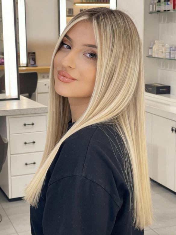 Glatte Echthaar-Perücke in Blond-Ombre EH048