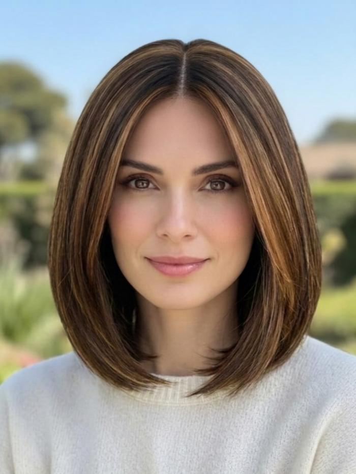 Elegante mittelbraune Kunsthaarperücke mit goldenen Strähnen (Lace Front & Mono Top) DMT005