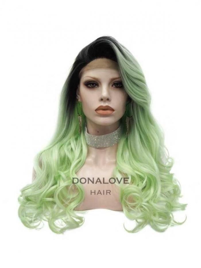 Schwarz-nach-Grün Lange Wellige Synthetische Lace Front Perücke SNY320