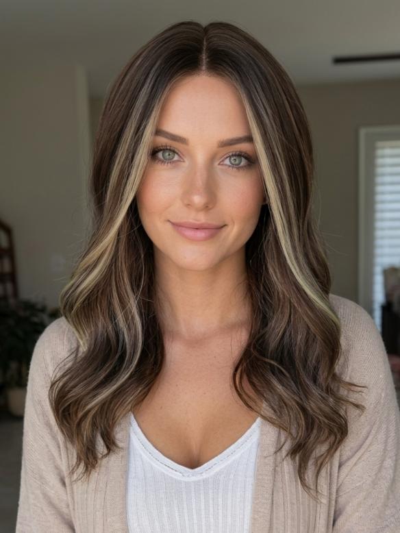 Dunkelbraune gewellte Kunsthaarperücke – mit zwei goldenen Strähnen (Lace Front) DLP039