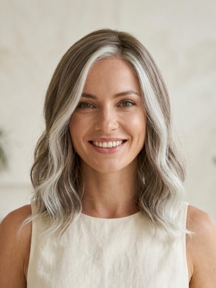 Gewellte Kunsthaarperücke – Weißblond/Hellhonigblond/Braun-Mix mit zwei platinblonden Strähnen vorne (Lace Front) DLP051