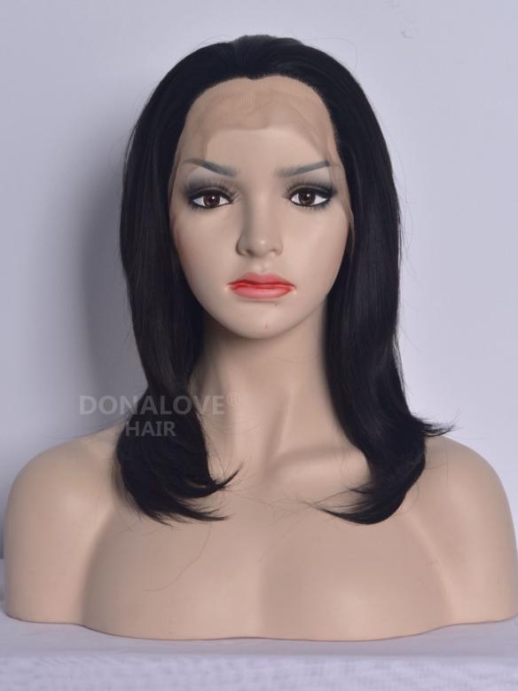 Rabenschwarz Halb-lang Gerade Synthetische Lace Perücke-SNY074
