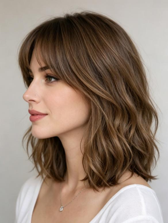 Natürlich Braun Wellige Bob Perücke aus 100% Echthaar mit Pony EH056