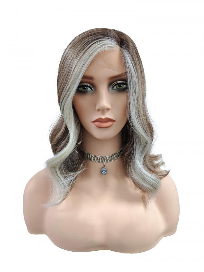 Gewellte Synthetische-Perücke im Weißblond/Hellhonigblond/Braun-Mix mit zwei platinblonden Strähnen vorne (Lace Part)  DLP051