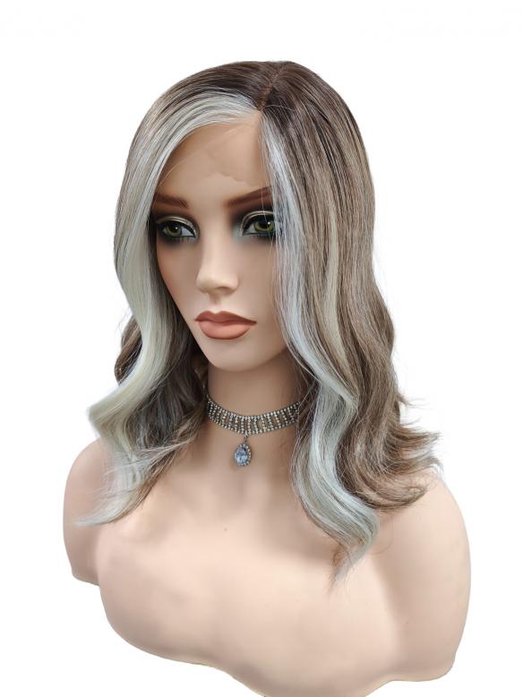 Gewellte Synthetische-Perücke im Weißblond/Hellhonigblond/Braun-Mix mit zwei platinblonden Strähnen vorne (Lace Part)  DLP051
