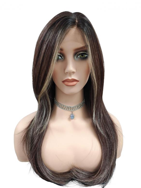 Superlange Perücke in Kastanienbraun mit zwei goldblonden Akzentsträhnen an der Stirn (Lace Part) DLP041