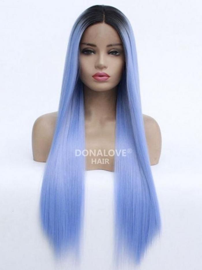 Blau-Ombre Lange Glatte Sythetische Lace Front Perücke SNY214