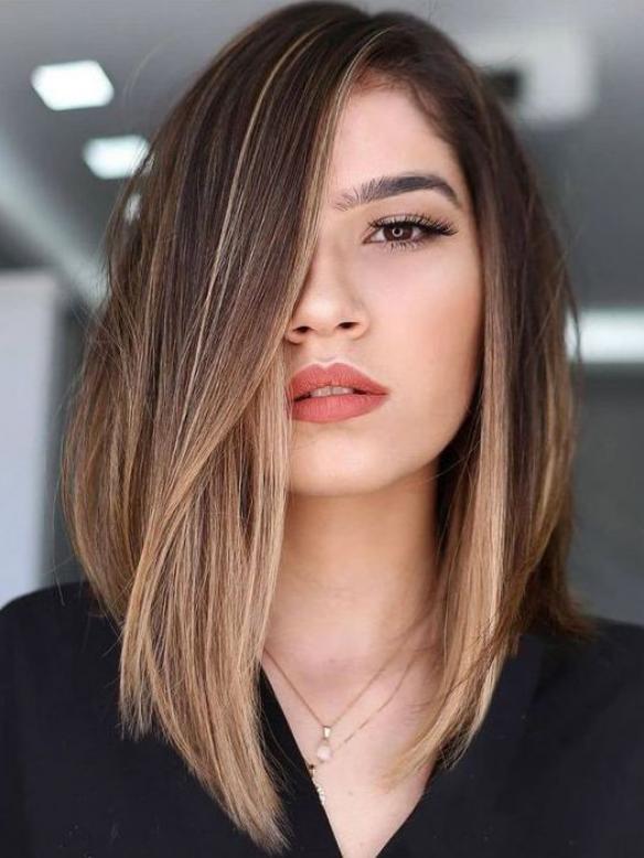 Brauner Ombre Long Bob Echthaar-Perücke mit Spitze FLW012
