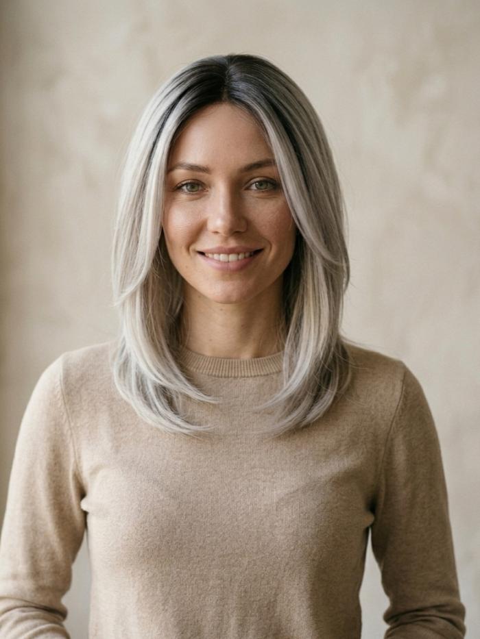 Mittellange Kunsthaarperücke in Platinblond mit Dunklem Ansatz (Lace Front) DLP061