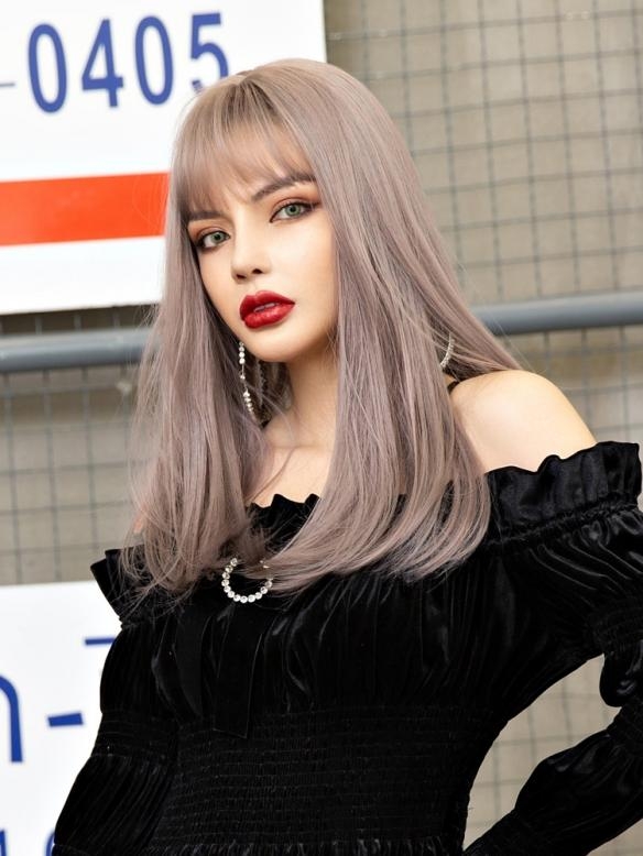 Graue Lange Glatte Sythetische Gewebted Netzkappe Perücke LG108