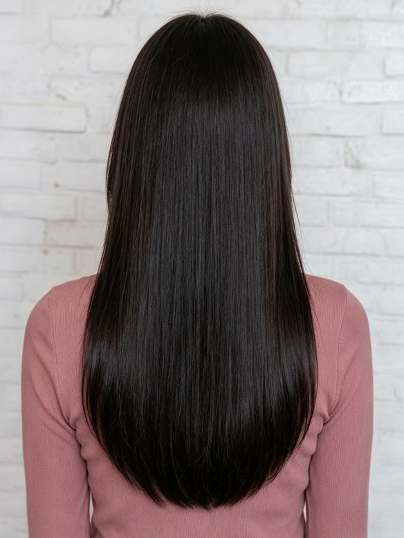 100% Echthaar Schwarz Glatt Langhaar Perücke Zeitloser Klassiker Natürliche Gerade Echthaarperücke EH059